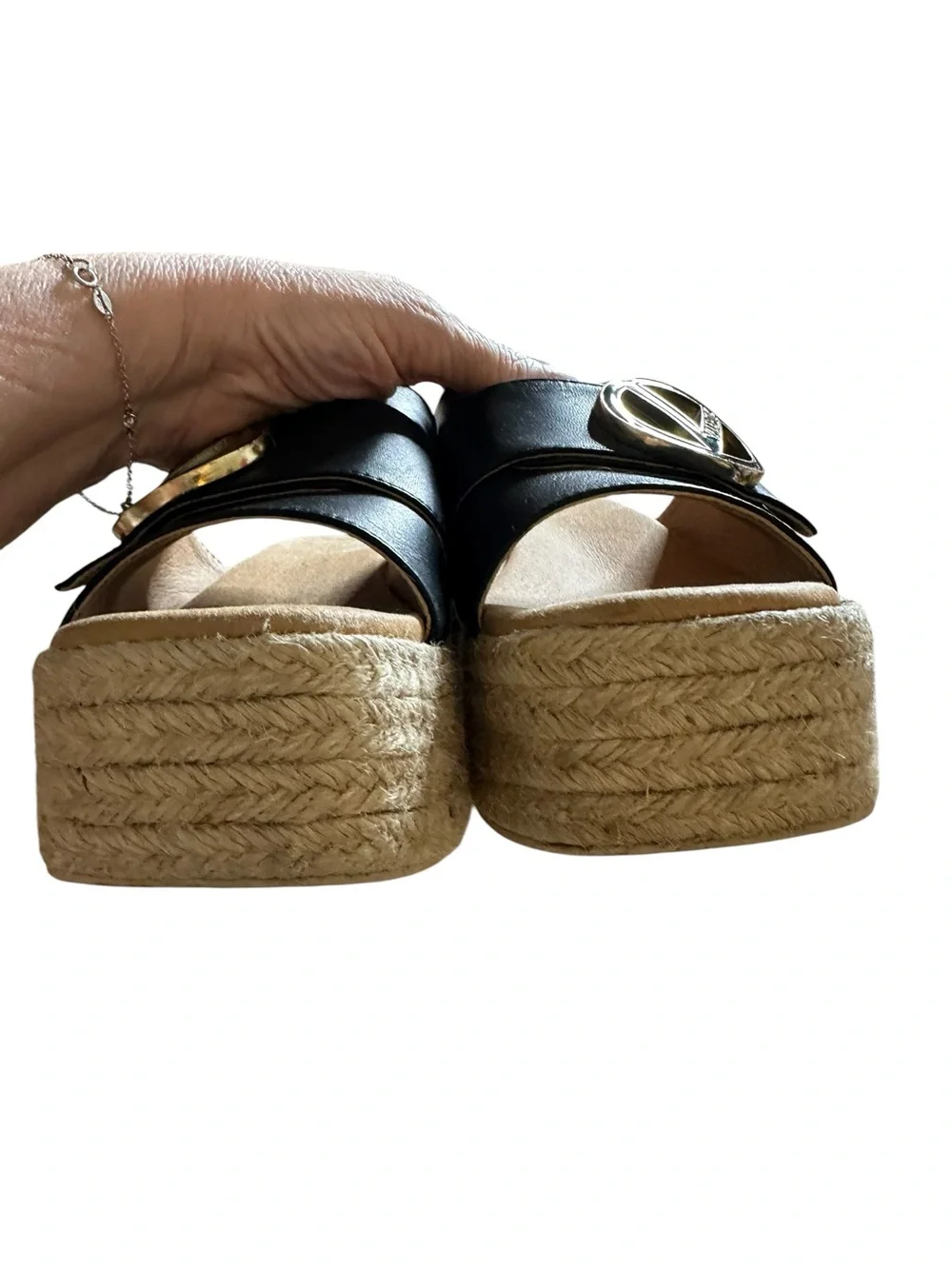 Valentino Black Leather Slide espadrille Sandals with Gold Logo Medallions sz 7